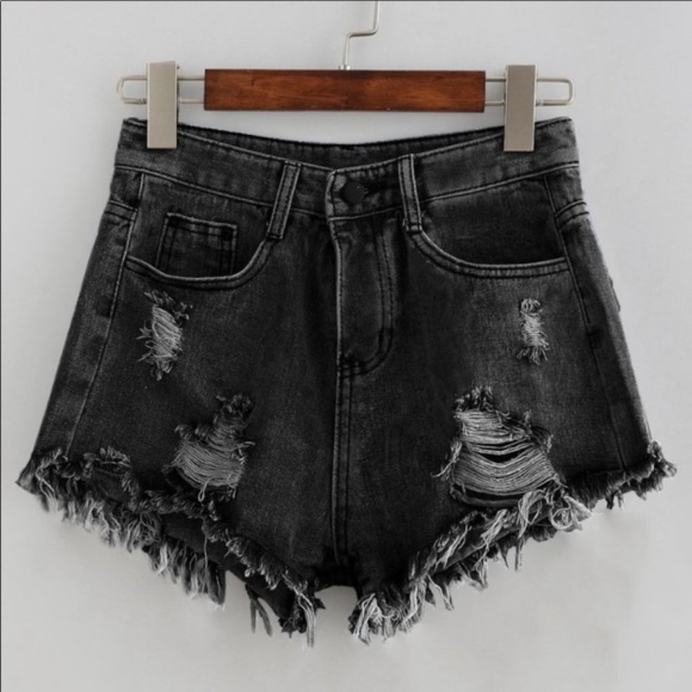 1 LEFT! Black Destroyed High Rise Jean Shorts - Picture 2 of 7